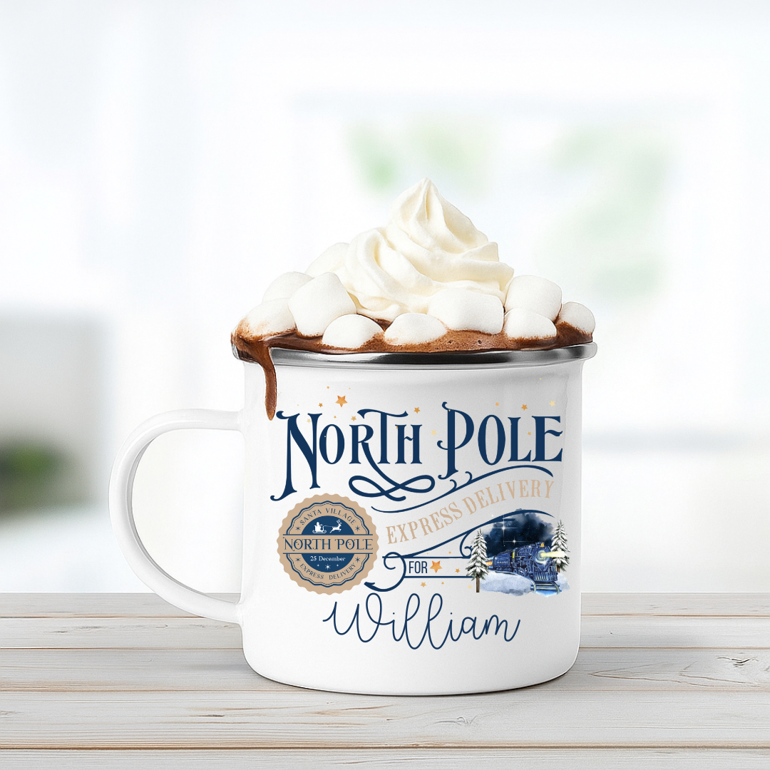 Personalised Navy North Pole Enamel Mug