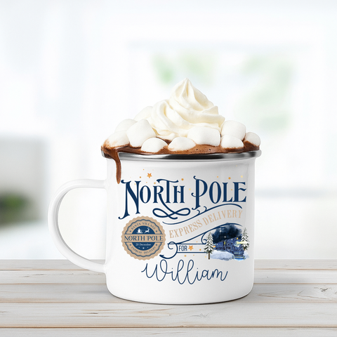 Personalised Navy North Pole Enamel Mug