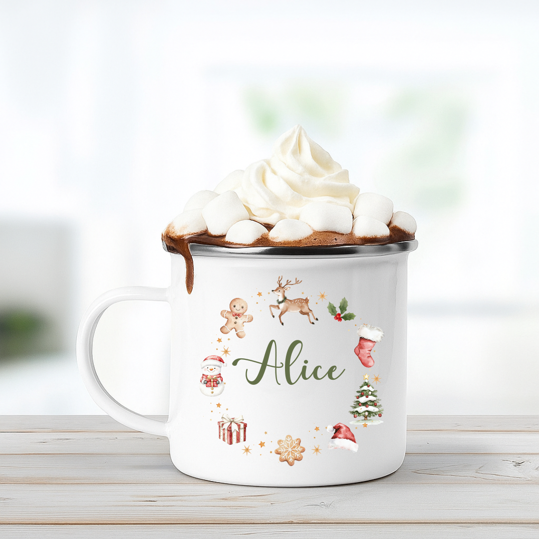 Personalised Christmas Wreath Enamel Mug