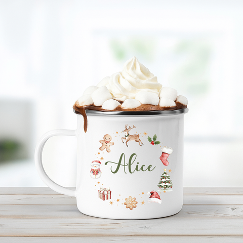 Personalised Christmas Wreath Enamel Mug