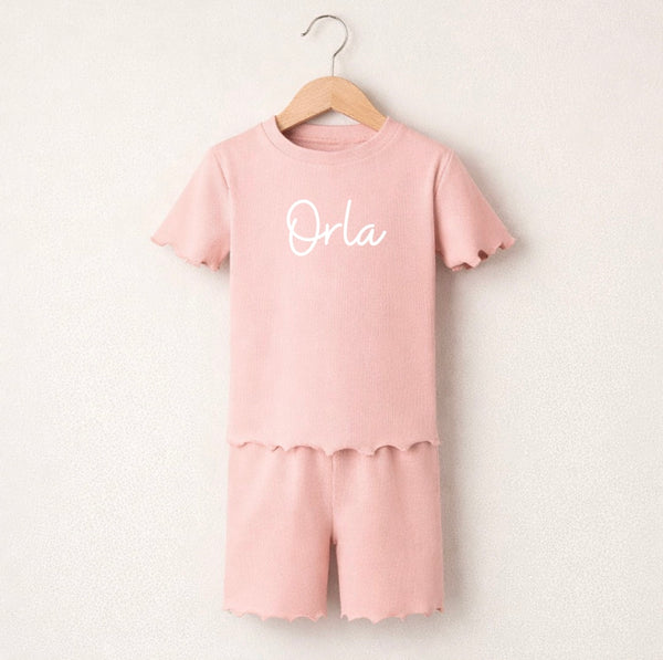 Embroidered Ribbed Frill Short Set