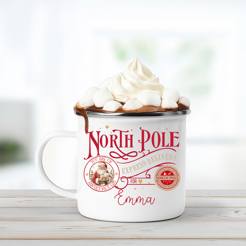 Personalised Red North Pole Enamel Mug