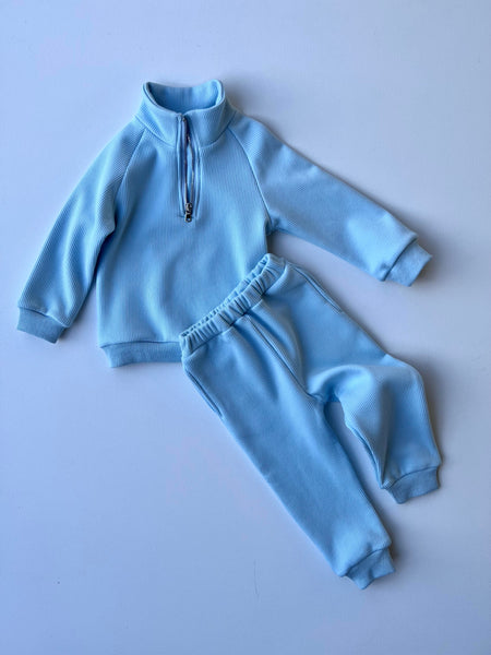 Soft Blue Embroidered Ribbed Tracksuit